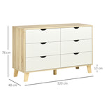 Commode 6 tiroirs style scandinave, meuble de rangement - dim. 120l x 40P x 76H cm, chêne et beige