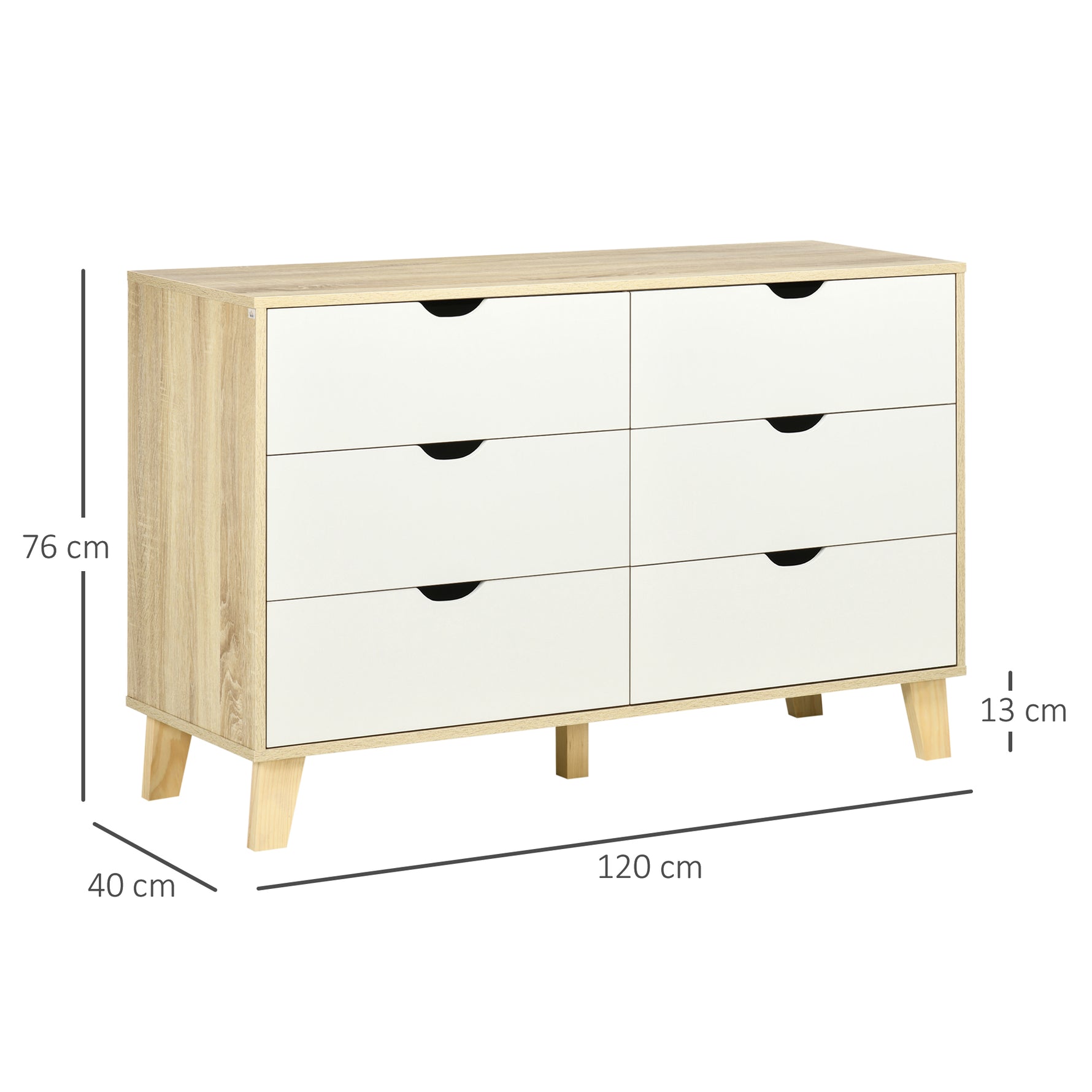 Commode 6 tiroirs style scandinave, meuble de rangement - dim. 120l x 40P x 76H cm, chêne et beige