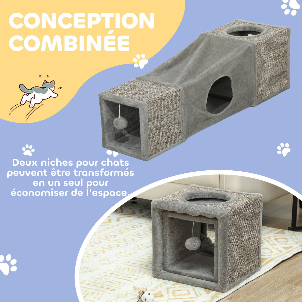 Tunnel pour chat intérieur jouets pour chats avec balle suspendue entrées multiples en sisal 98 x 30 x 30 cm gris