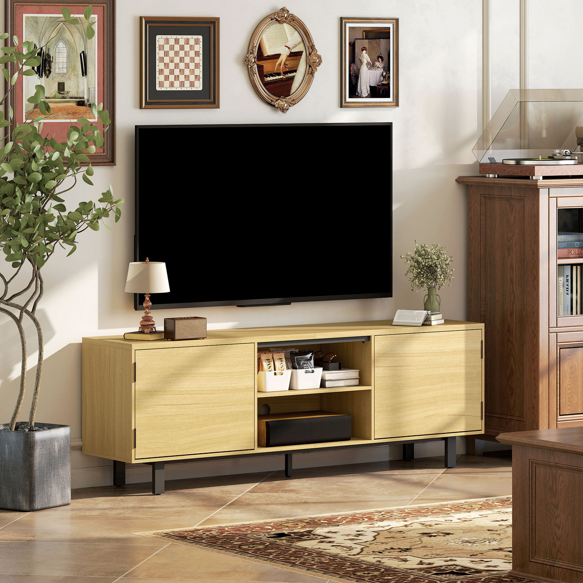 Meuble TV, meuble télé jusqu'à 65 pouces, 2 portes à ouverture par pression et 2 étagères, 160x35x55,5cm, bois naturel