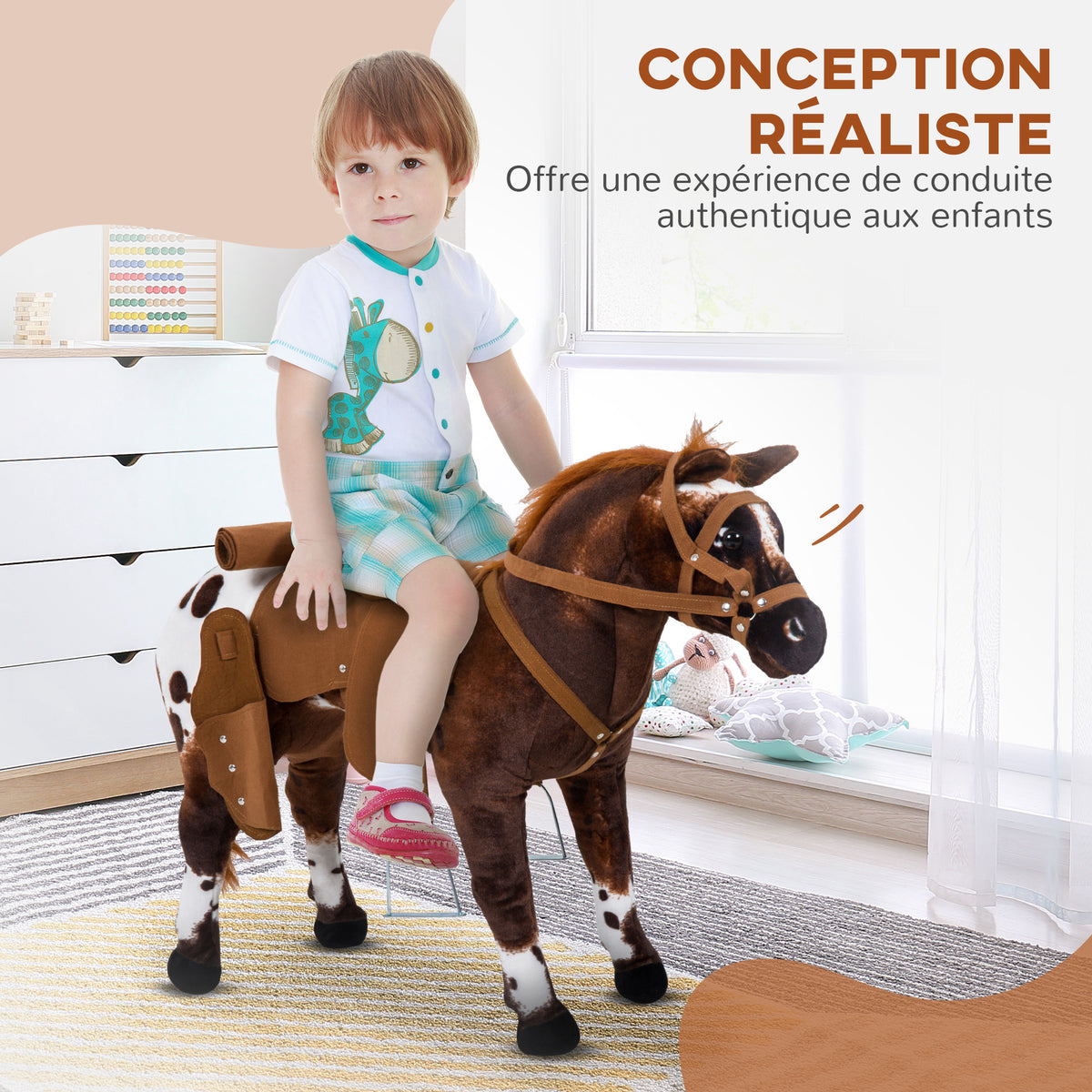 Cheval Debout en Peluche Effets sonores hennissement et Galop Selle étrier rênes 85L x 28l x 60H Marron Blanc