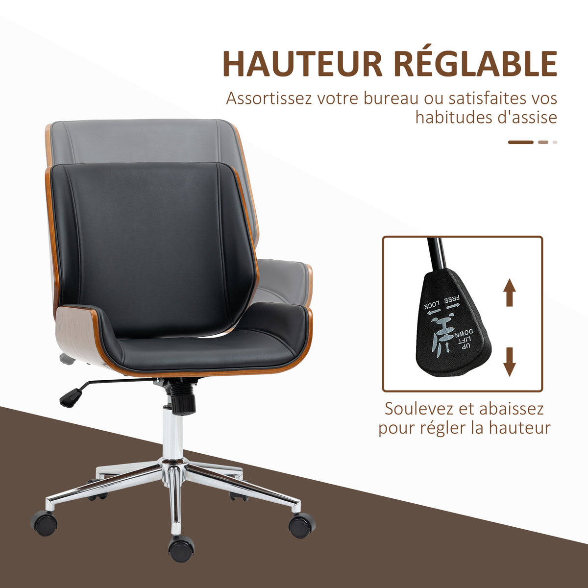 Chaise de bureau design vintage hauteur réglable pivotant 360° piètement chromé 53 x 60 x 86-96 cm gris