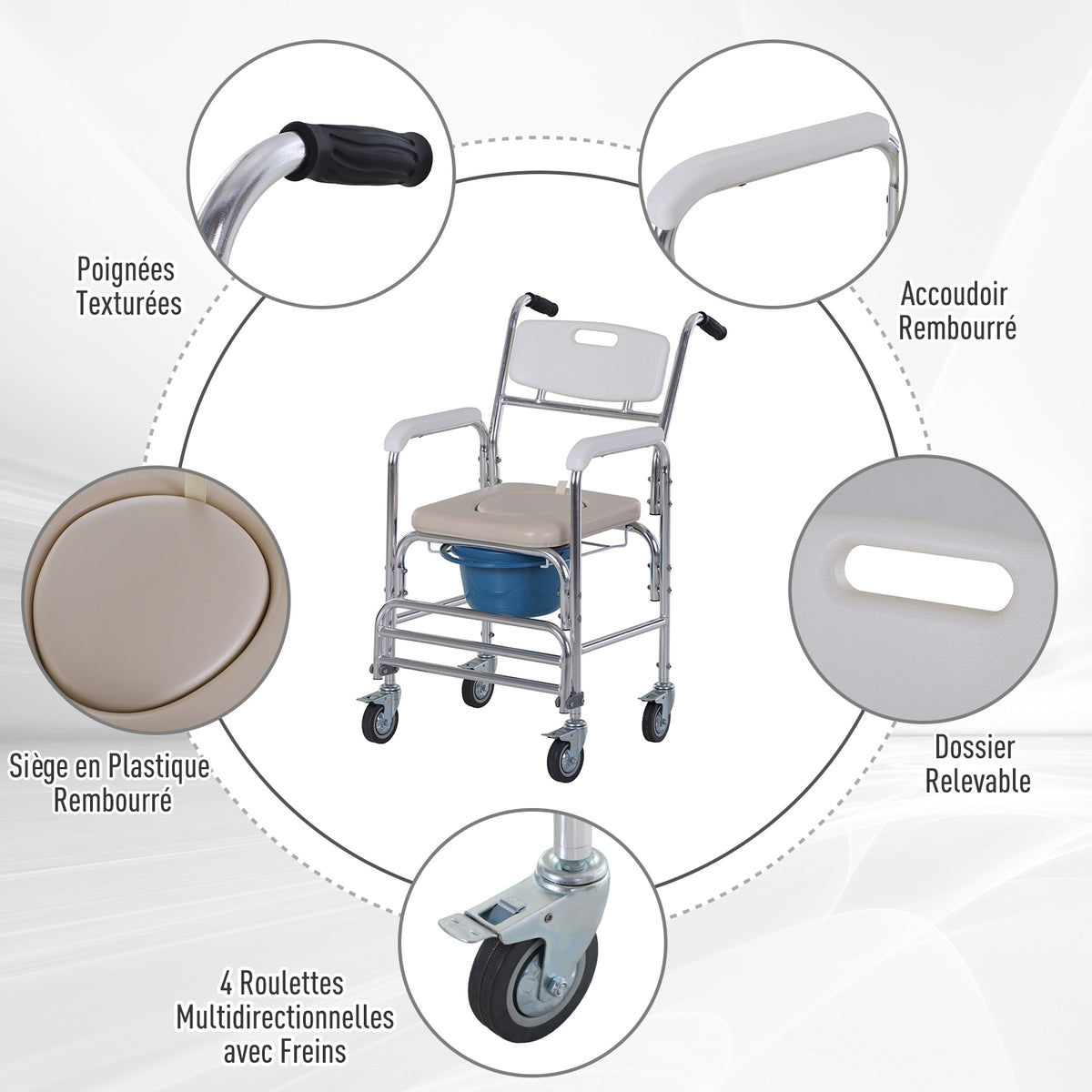 Chaise percée à roulettes - fauteuil roulant percé - chaise de douche - seau amovible, accoudoirs, repose-pied - acier chromé HDPE blanc