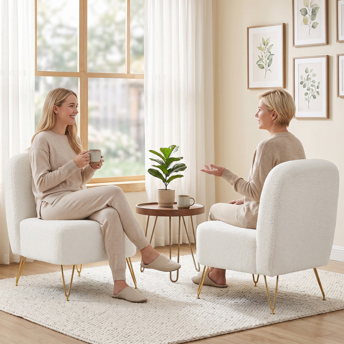 Armless Living Room Chair, Upholstered Bouclé Fabric Accent Chair, Thick Cushion, Wide Seat, White