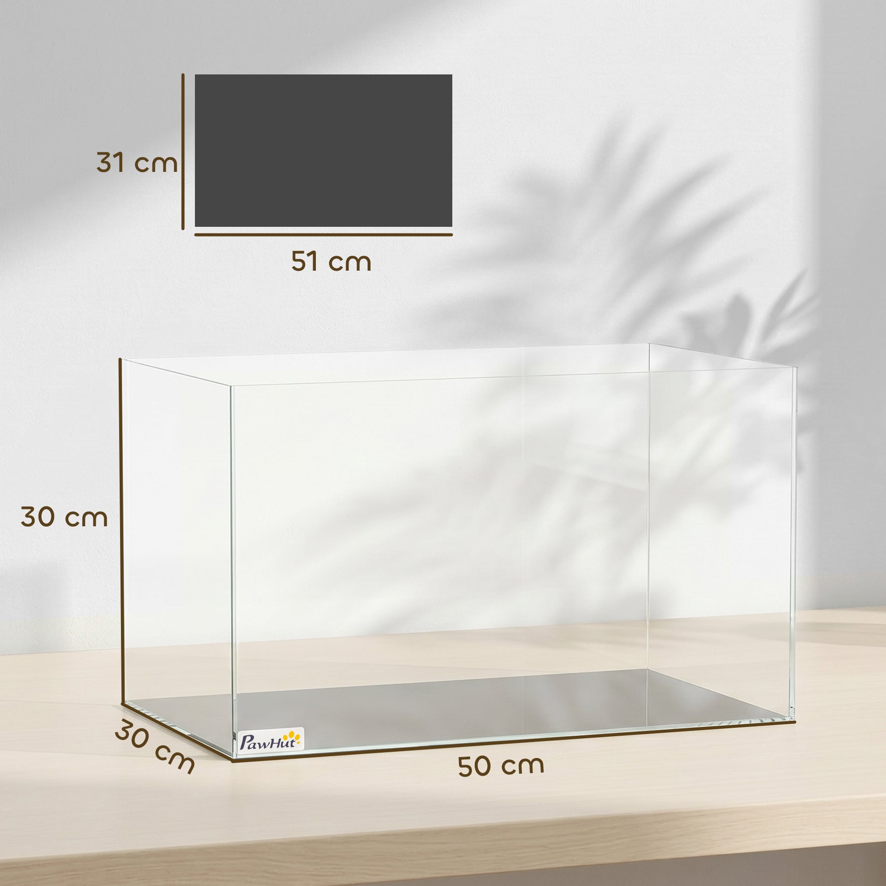 Aquarium 43L en Verre Trempé avec Tapis de Protection Pour Poissons, Crevettes, Tortues, 50 x 30 x 30 cm, Transparent