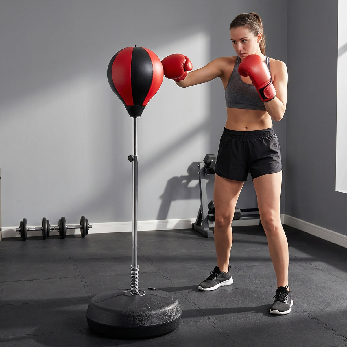 Sac de Frappe sur Pied Punching ball sur pied réglable en hauteur 126-144 cm avec gants, pompe et base de lestage pour adolescents et débutants noir et rouge