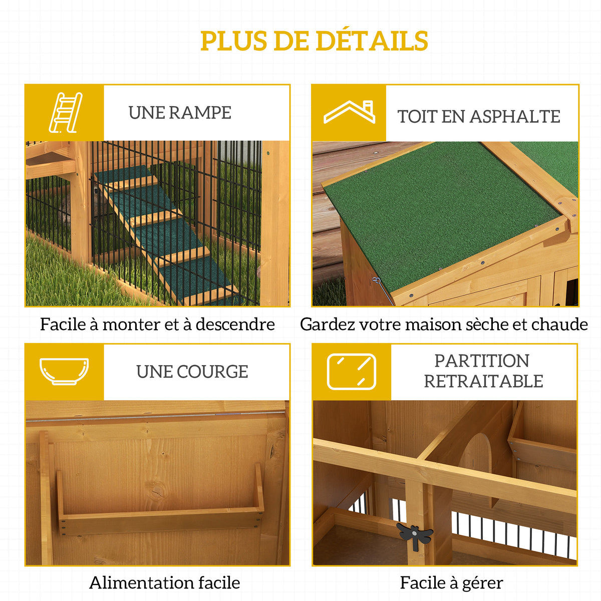 Clapier de sol cage à lapin niche supérieure avec rampe enclos extérieur porte verrouillable 150 x 52,5 x 68 cm jaune