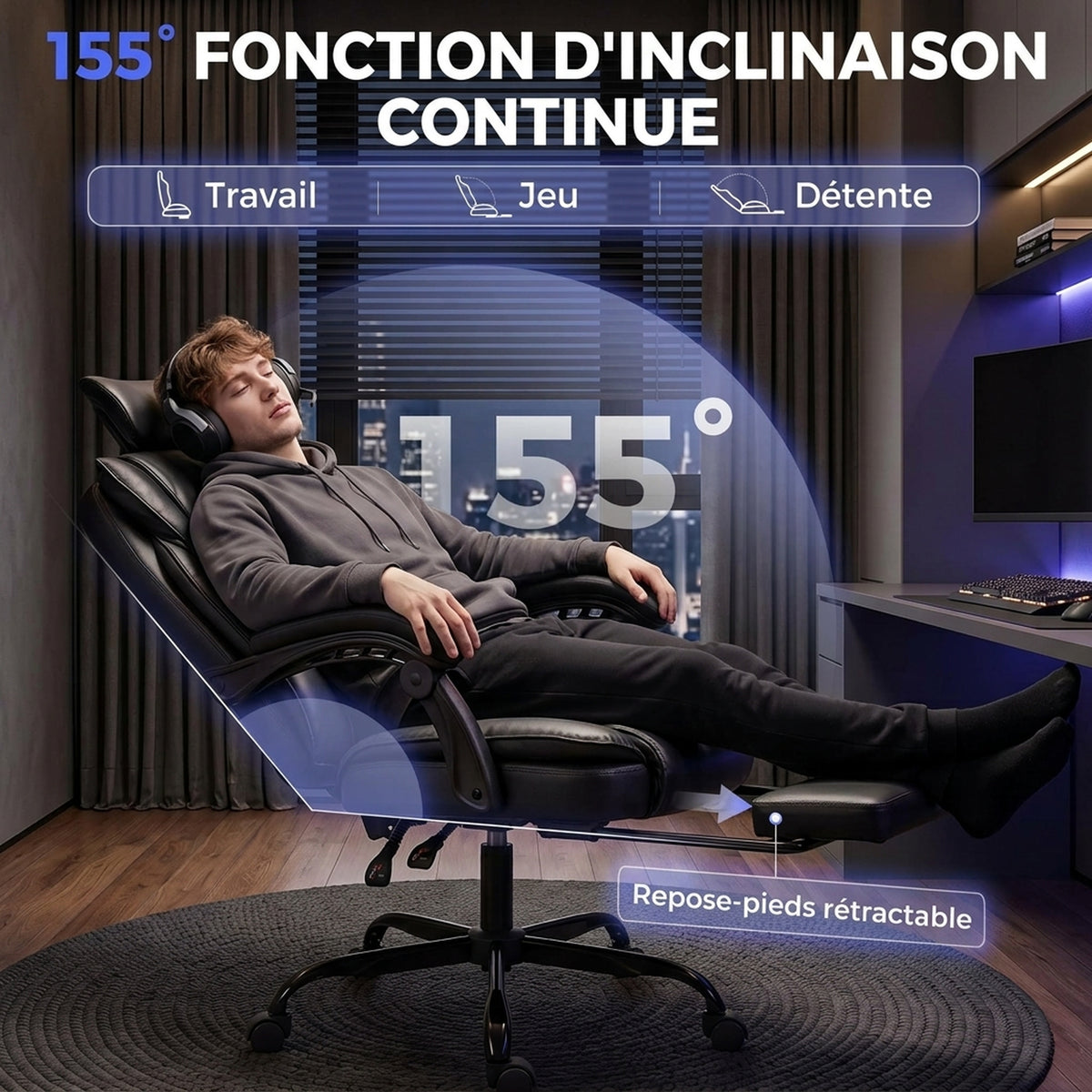 Silla Gaming Ergonómica, Sillón Gaming Reclinable de Piel Sintética, Altura Ajustable, Reposacabezas 2D, Negro