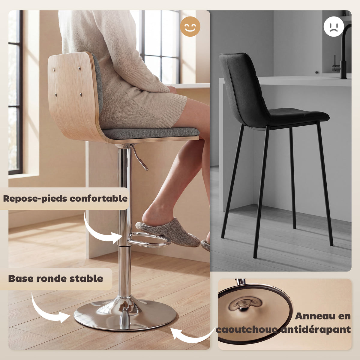 Lot de 2 tabourets de bar chaises de bar réglable en hauteur dossier repose-pieds pivotant 360° 41x47,5x81-102cm gris