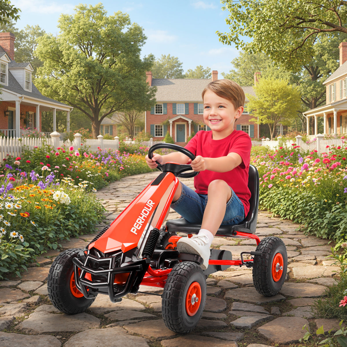 Kart à pédales Go-Kart pour enfants siège réglable pneus EVA embrayage manuel et frein 110 x 61 x 62 cm rouge