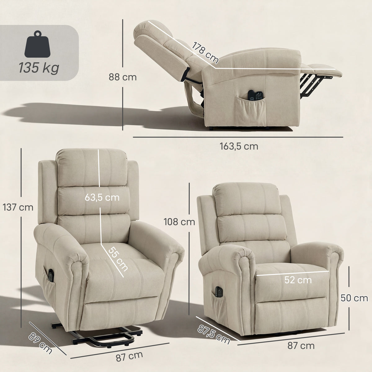 Fauteuil releveur électrique, fauteuil relax électrique avec fonction massage et chauffage, 87 x 87,5 x 108 cm, beige