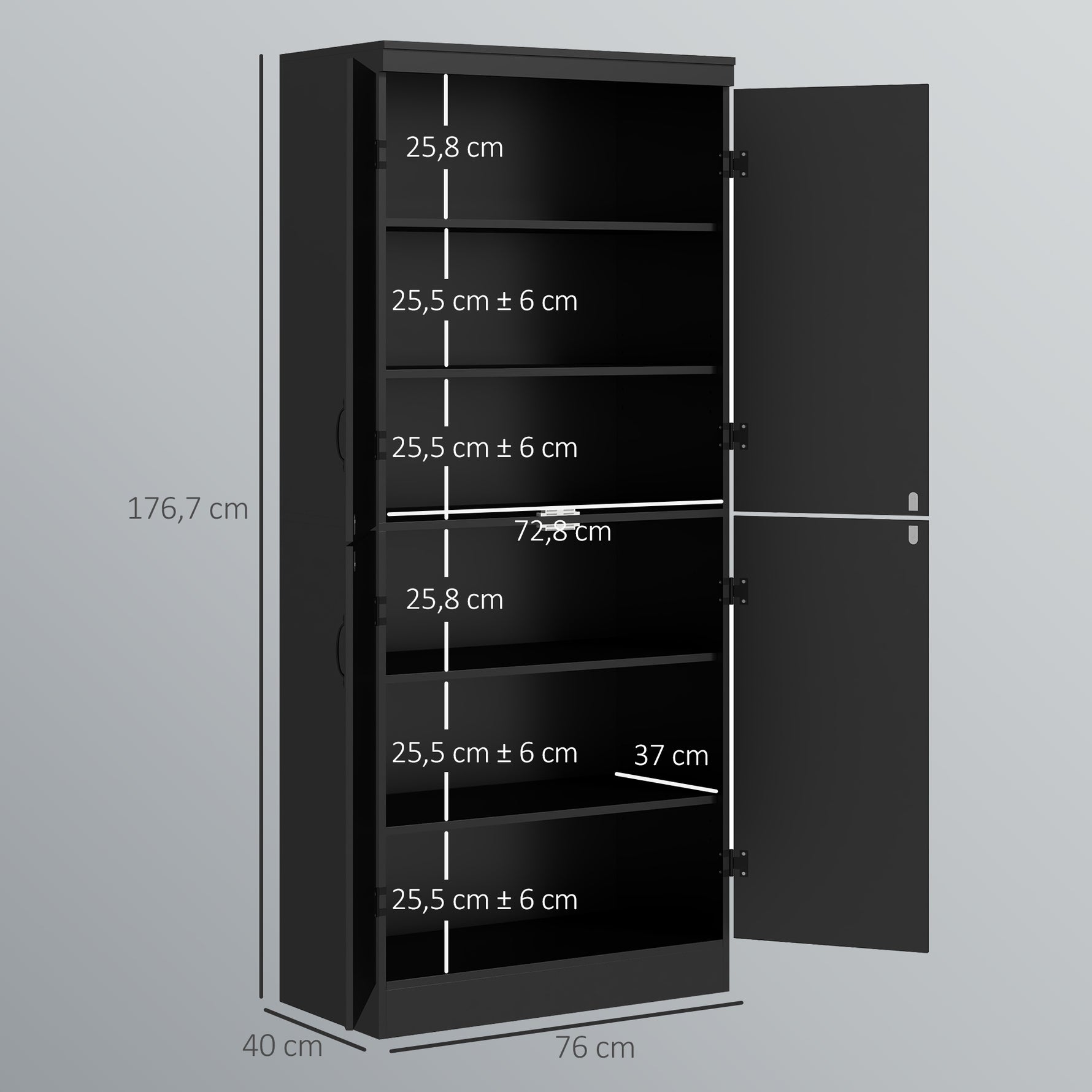 Buffet haut cuisine, armoire de cuisine avec 4 portes à 6 niveaux et étagères réglables, 76 x 40 x 176,7 cm, noir