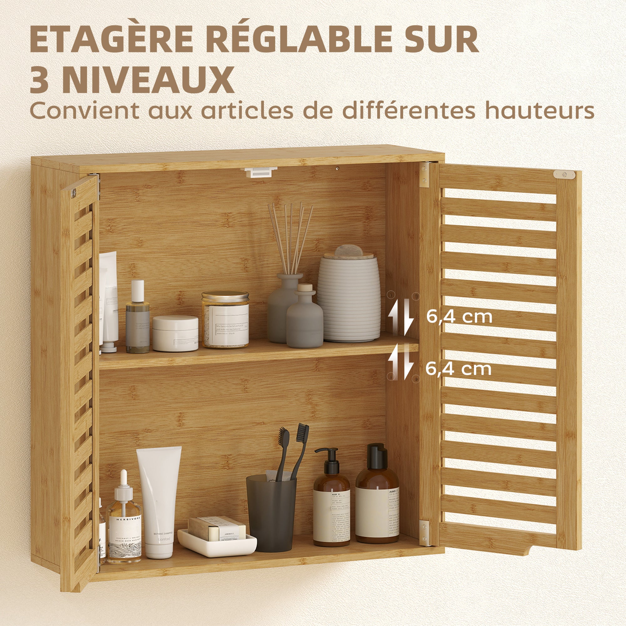 Armadietto pensile da bagno, mobile contenitore con ripiano regolabile, in bambù 60 x 20 x 60 cm effetto legno naturale