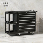 Servante d'Atelier en Acier à 7 Tiroirs, Chariot à Outils sur Roulettes avec Étagère Latérale Amovible, Noir