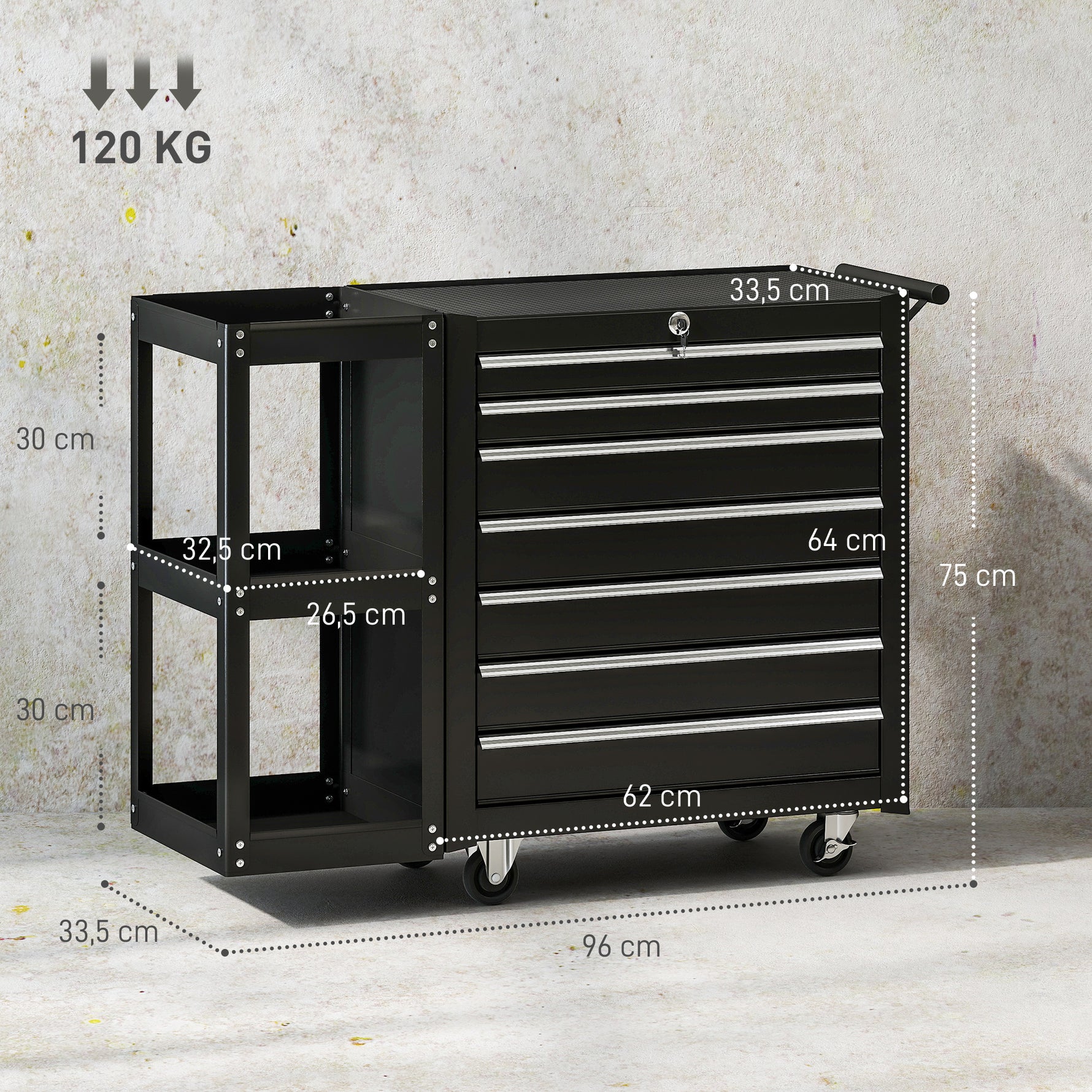 Servante d'Atelier en Acier à 7 Tiroirs, Chariot à Outils sur Roulettes avec Étagère Latérale Amovible, Noir