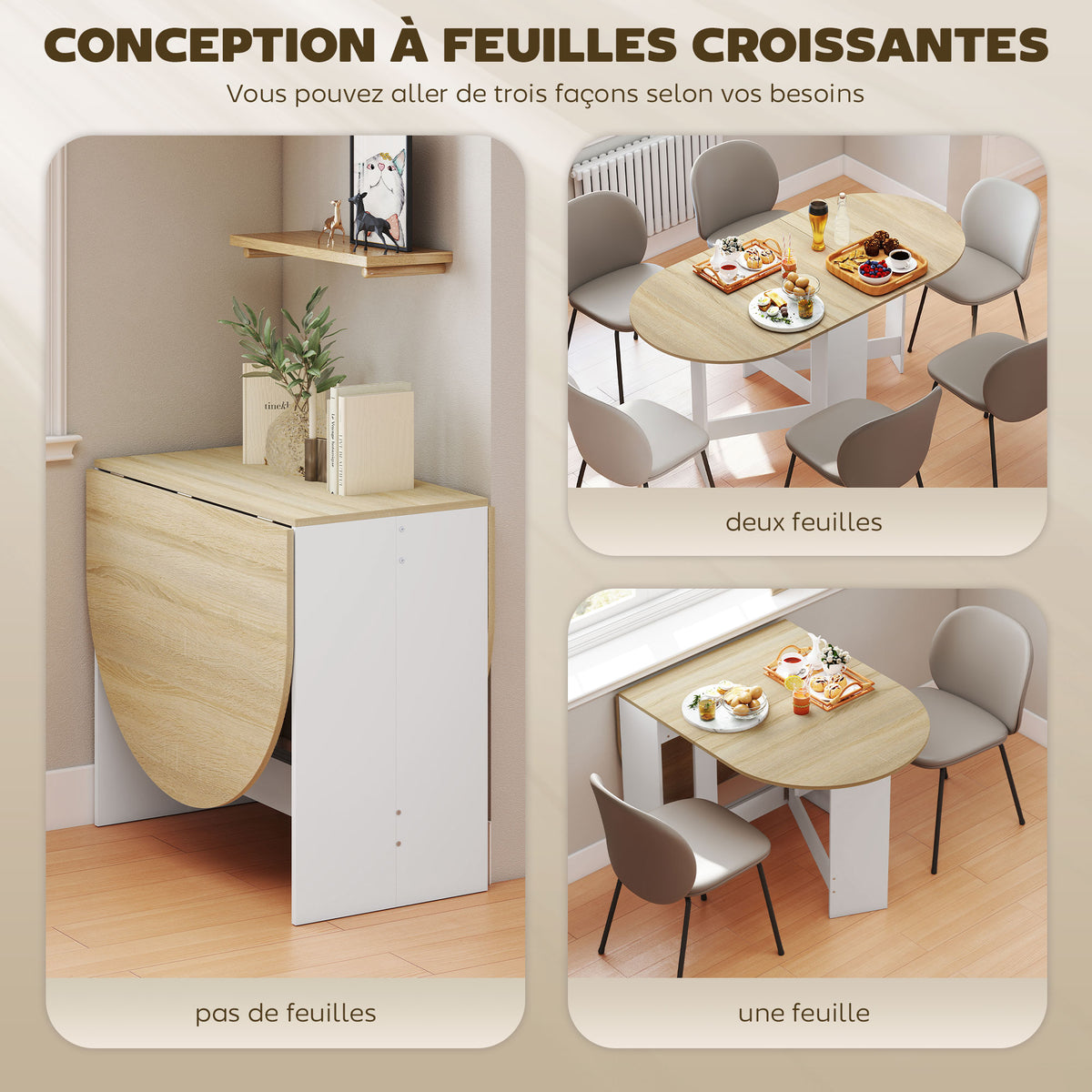 Inklapbare eettafel, ovale keukentafel inklapbaar voor maximaal 6 personen, voor kleine ruimtes, eetkamer, naturel hout
