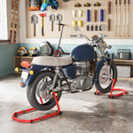 Cavalletto Moto, Capacità 390 kg, Supporto Anteriore e Posteriore Regolabile con Forche a U+L, Morsetti di Fissaggio, 43x36x64cm, Rosso