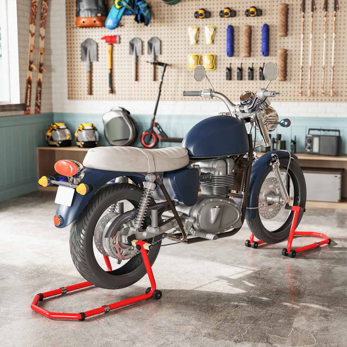 Cavalletto Moto, Capacità 390 kg, Supporto Anteriore e Posteriore Regolabile con Forche a U+L, Morsetti di Fissaggio, 43x36x64cm, Rosso