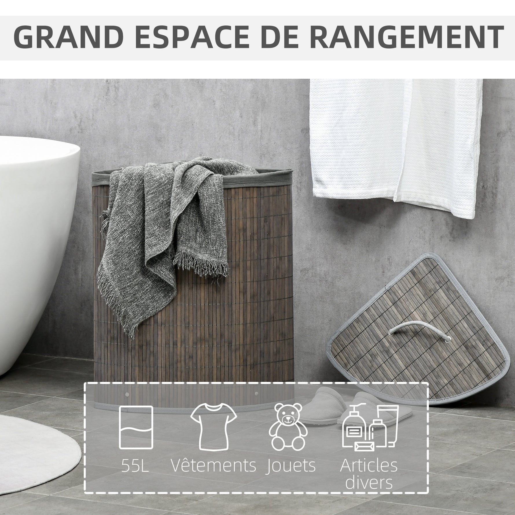 Panier à linge en bambou d'angle 55L avec couvercle et sac amovible 38 x 38 x 57 cm gris