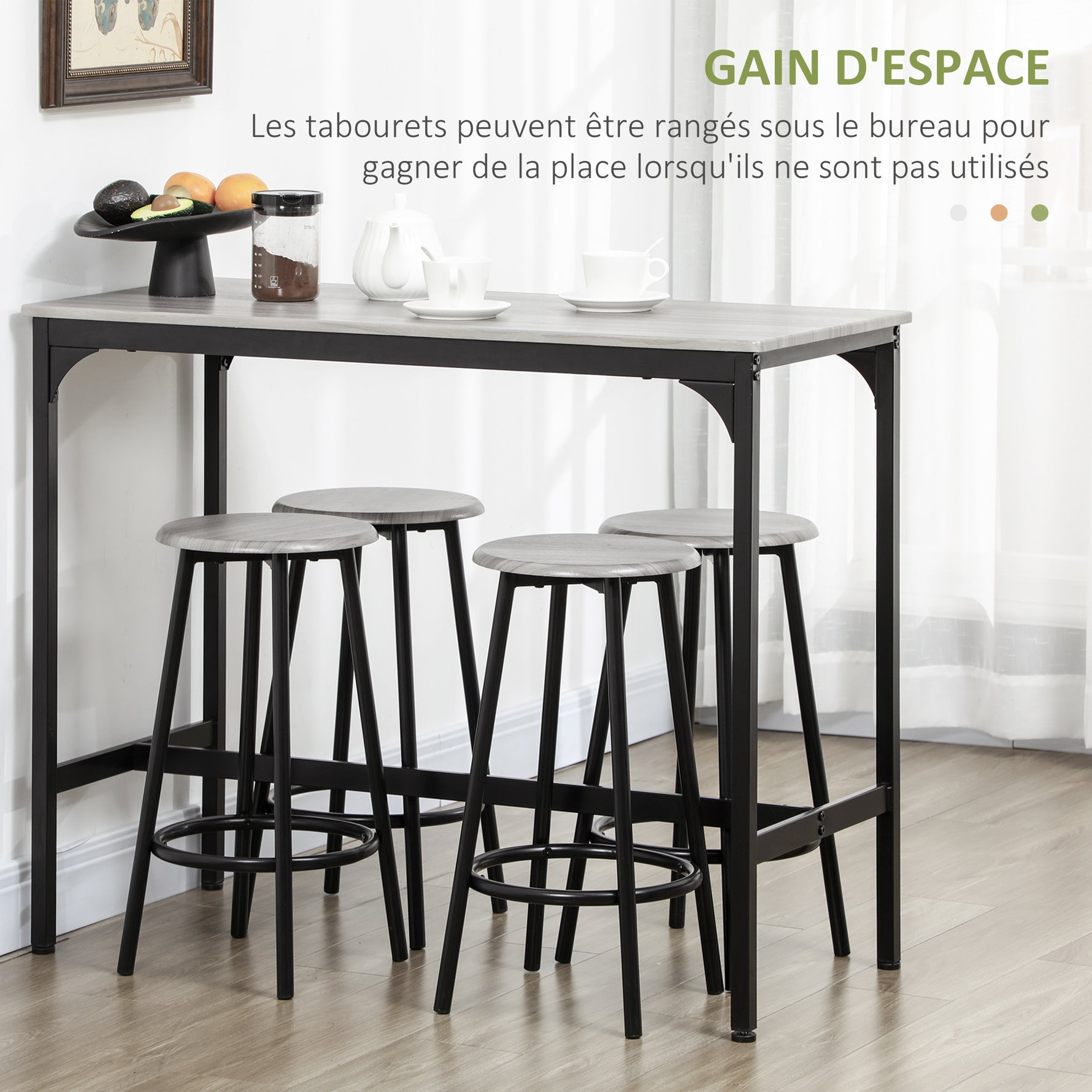 Ensemble table haute et 4 tabourets avec Repose-Pieds, métal noir et aspect bois pour cuisine salle à manger