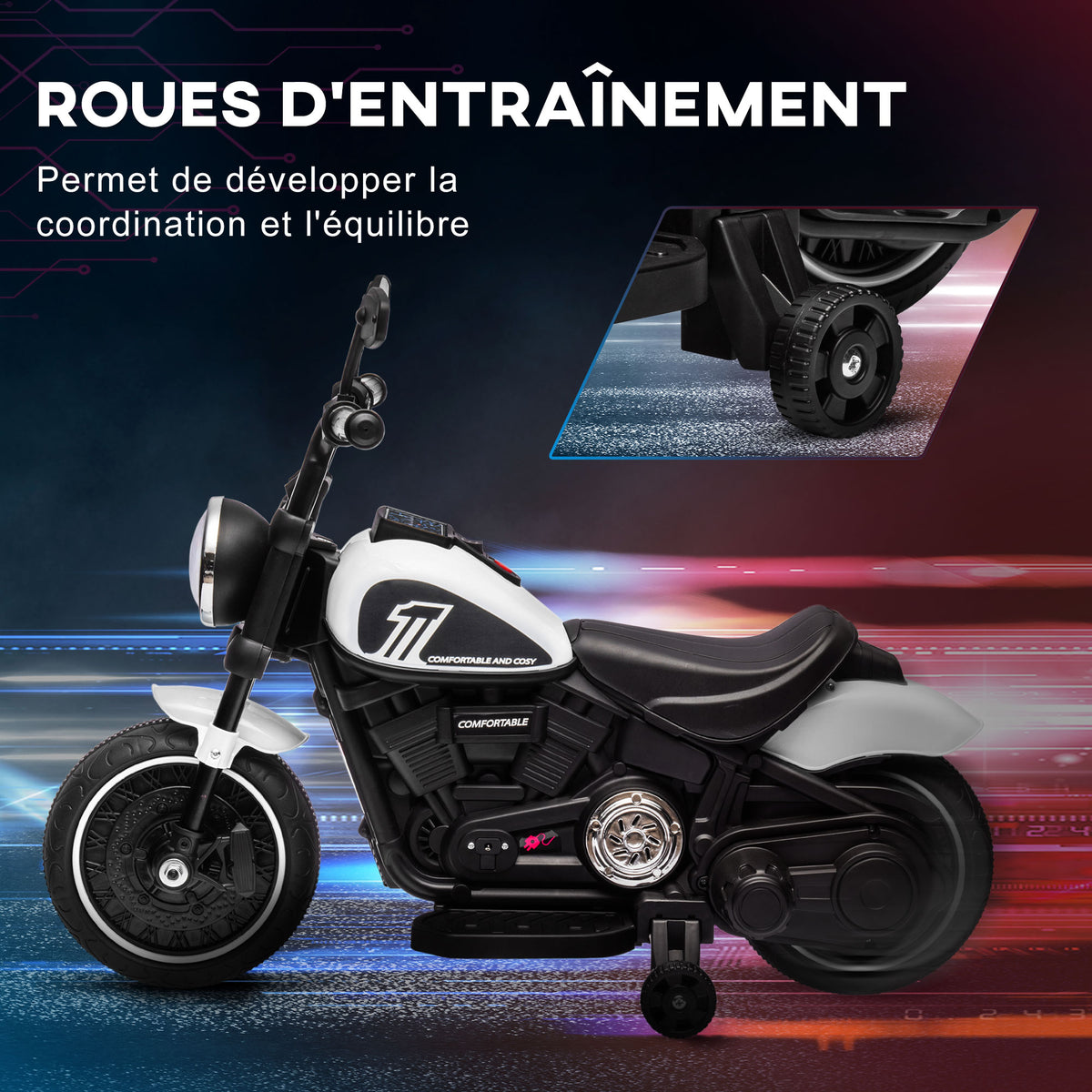 Electric motorcycle for kids 3 km/h 6V with LED headlight, 2 training wheels, for ages 18-36 months, with powerful motor, white