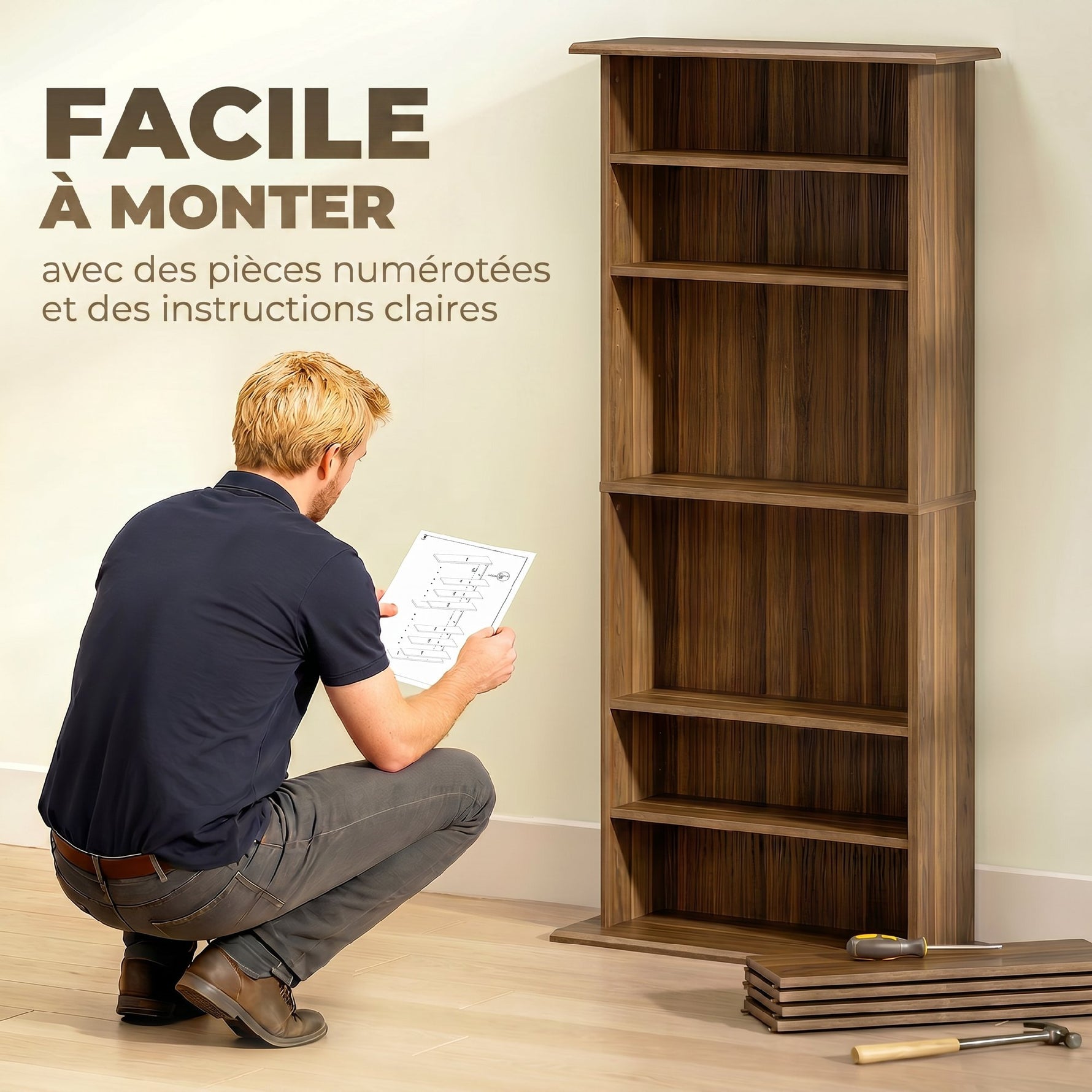 Rangements pour CD et DVD avec 8 compartiments et 6 étagères réglables, capacité max. 360 CD/185 DVD et Blu-ray, noyer