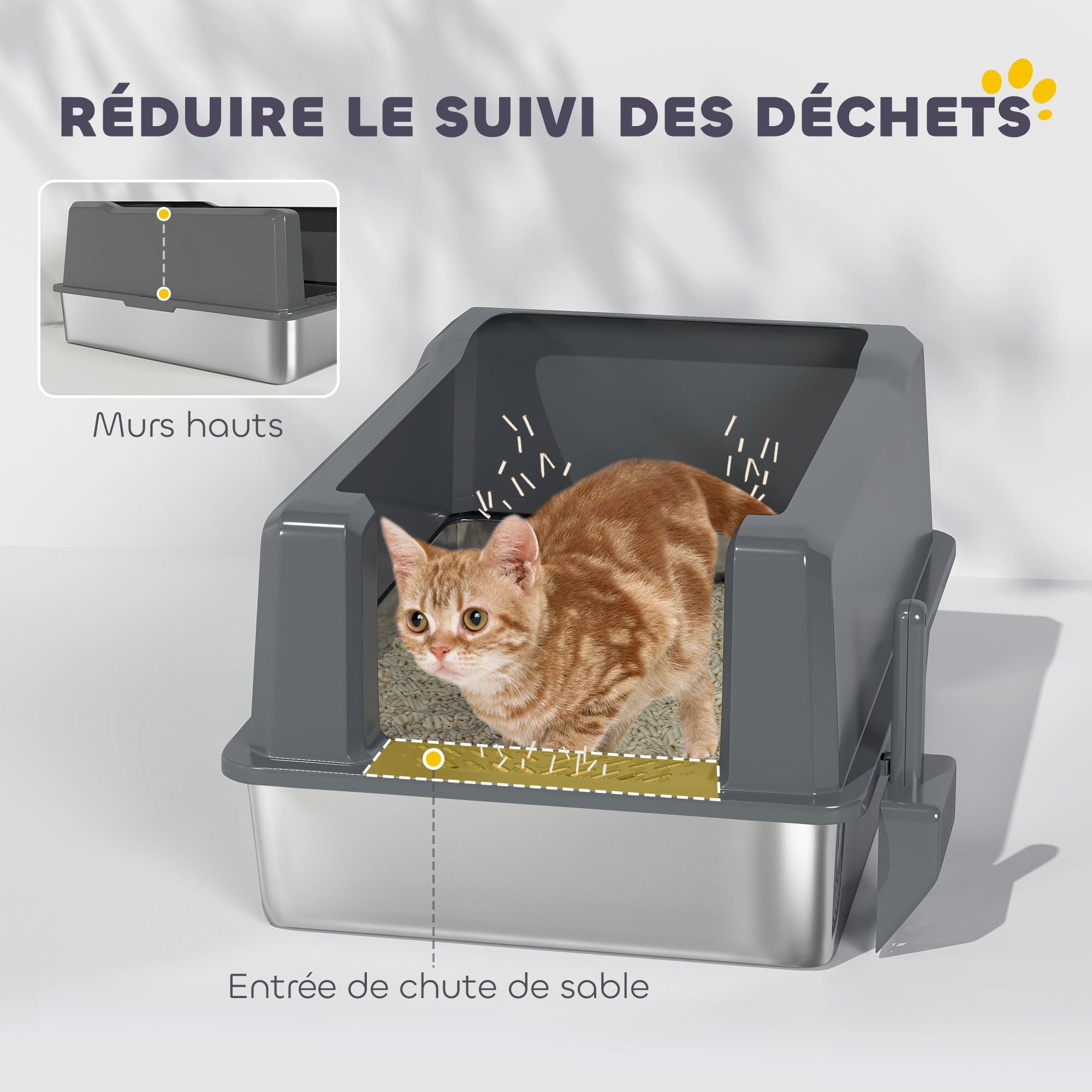 Lettiera per gatti in acciaio inossidabile da 85L, grande capacità, casa chiusa semi-aperta, 71 x 50,8 x 35,5 cm, grigio