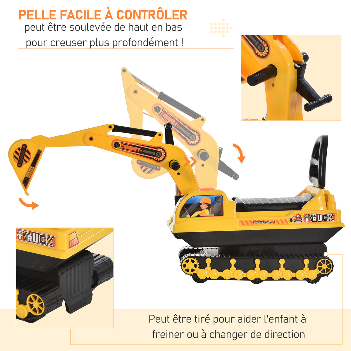 Porteur Enfant tractopelle 18-48 Mois Coffre klaxon Fonction pivotante Jaune