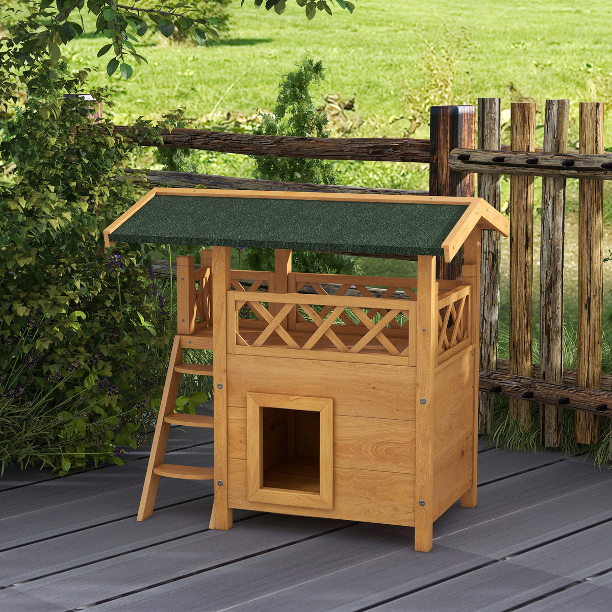Cabane Chat Extérieur avec Terrasse, Escalier, Toit, Niche Villa, 77 x 50 x 73 cm Bois Naturel et Vert