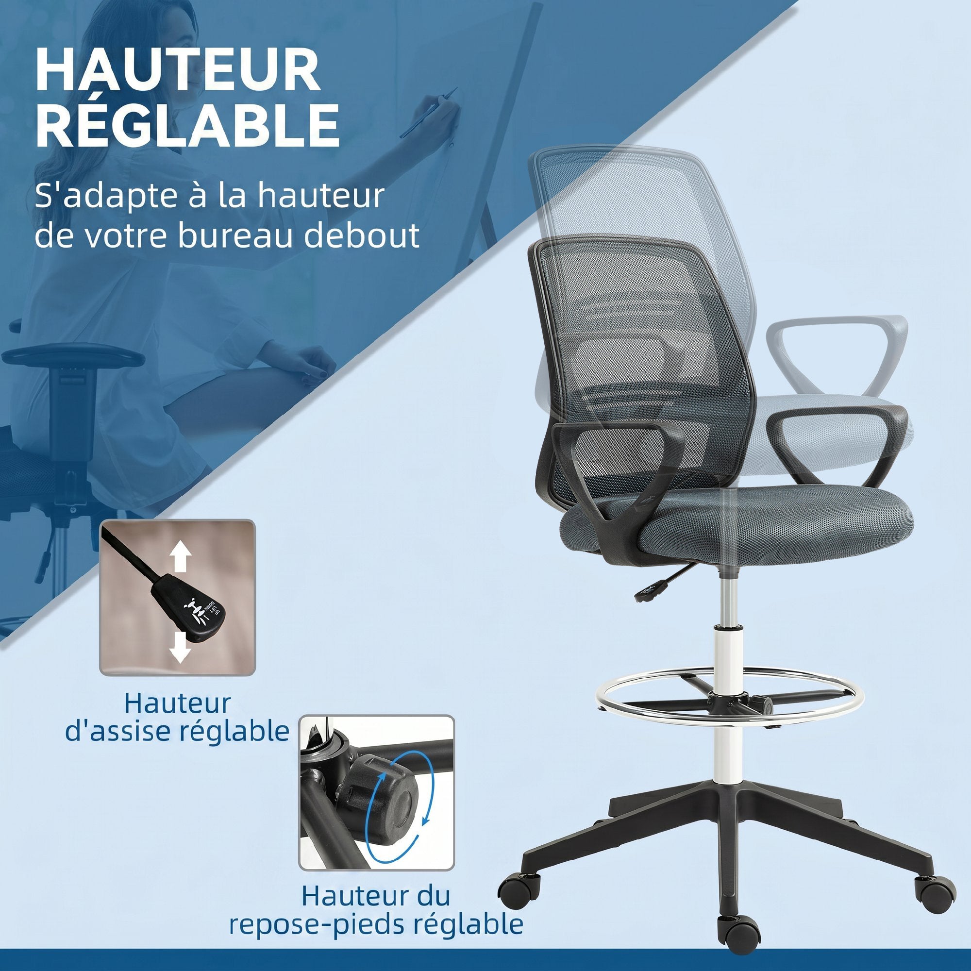 Fauteuil de bureau chaise de bureau assise haute réglable tabouret de bureau pivotant 360° maille respirante