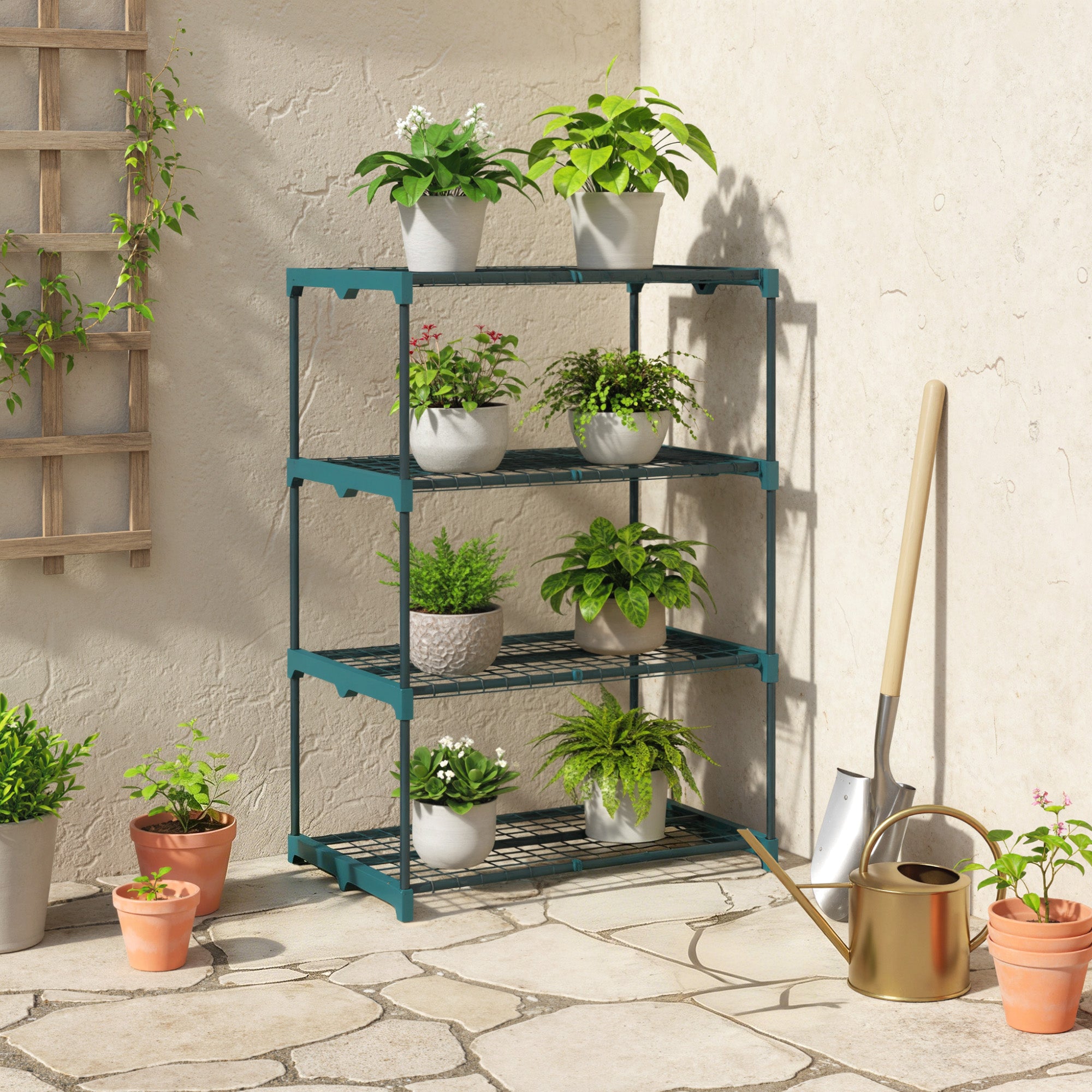 Étagère à fleurs en acier 4 niveaux intérieur et extérieur support de plantes pour jardin balcon salon 67x49x105cm vert