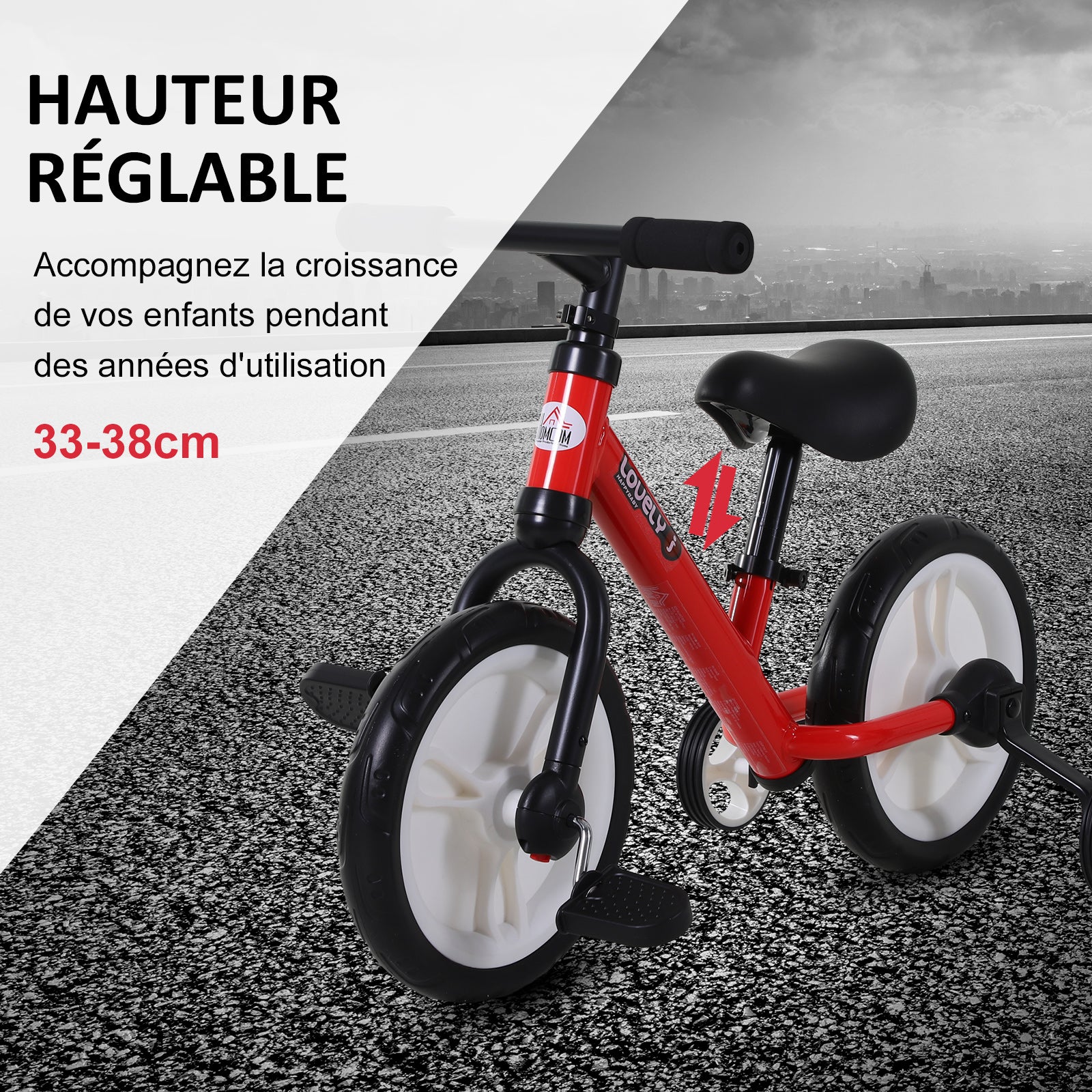 Vélo Enfant draisienne 2 en 1 roulettes et pédales Amovibles Roues 12" Hauteur Selle réglable pour enfants de 2 à 5 ans Acier Rouge