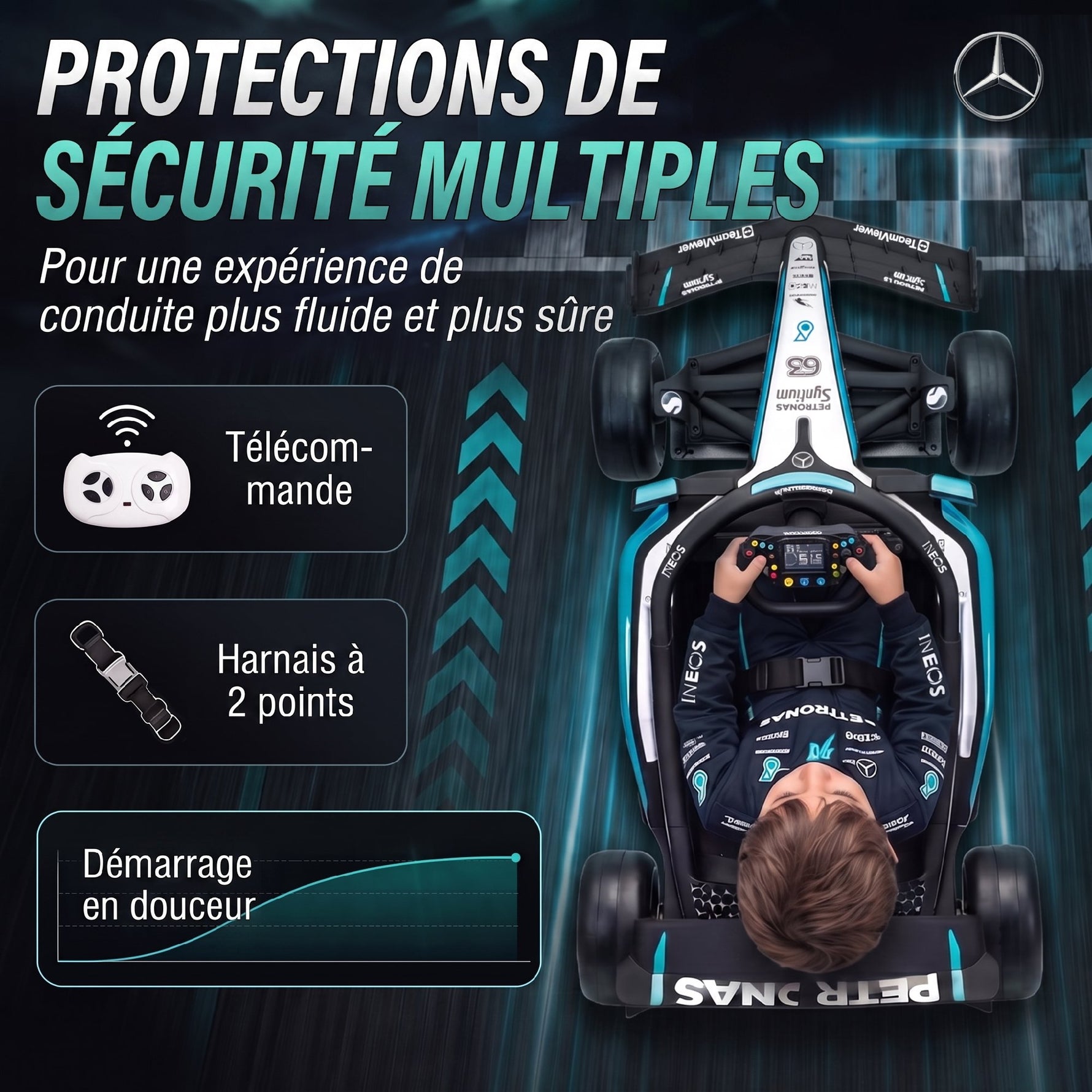 Kart Électrique Enfants 12V, Go Kart Mercedes-AMG PETRONAS F1 avec 2 Moteurs, Télécommande, 3 Vitesses, Noir