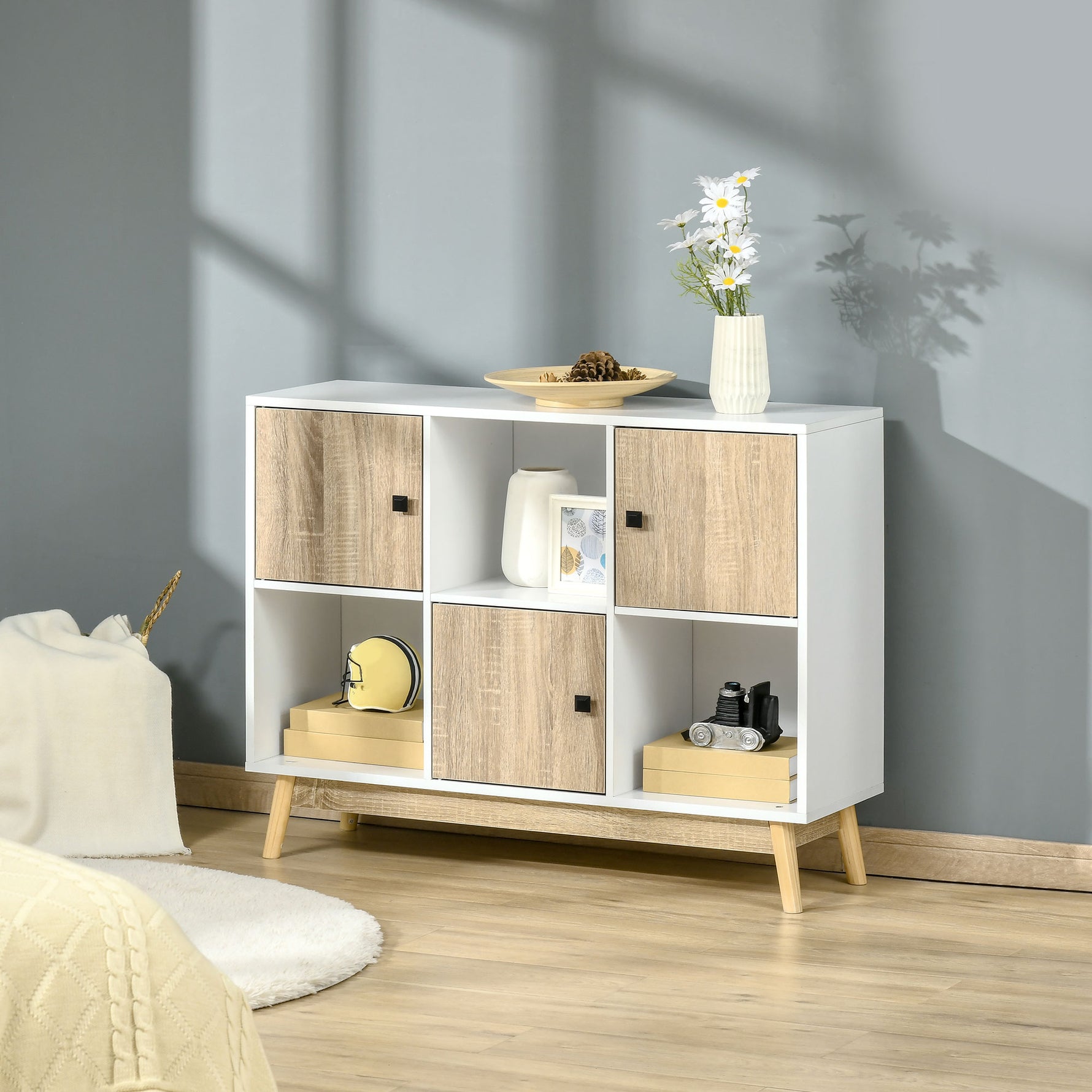Buffet Salon, Meuble de Rangement 9 Cubes avec 3 Portes et 3 Compartiments Ouverts, Pieds en Bois de Pin, Style Moderne, Buffet Salle à Manger, Cuisine, 96x30x75cm, Blanc et Naturel