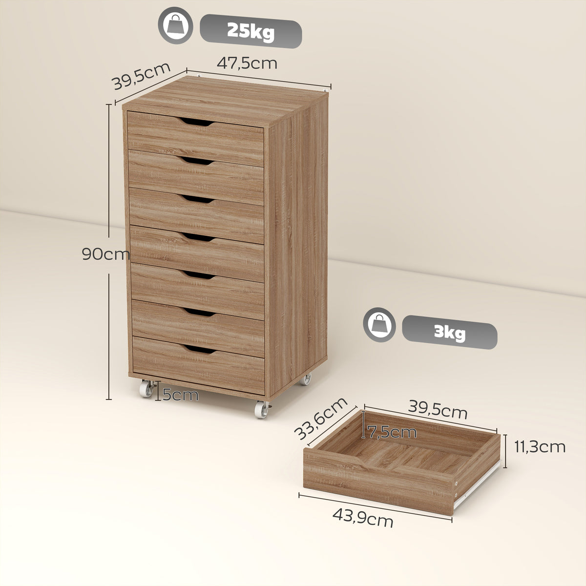 Caisson de bureau à roulette meuble rangement bureau avec 7 tiroirs organisateur pour documents, format A4 ou lettres