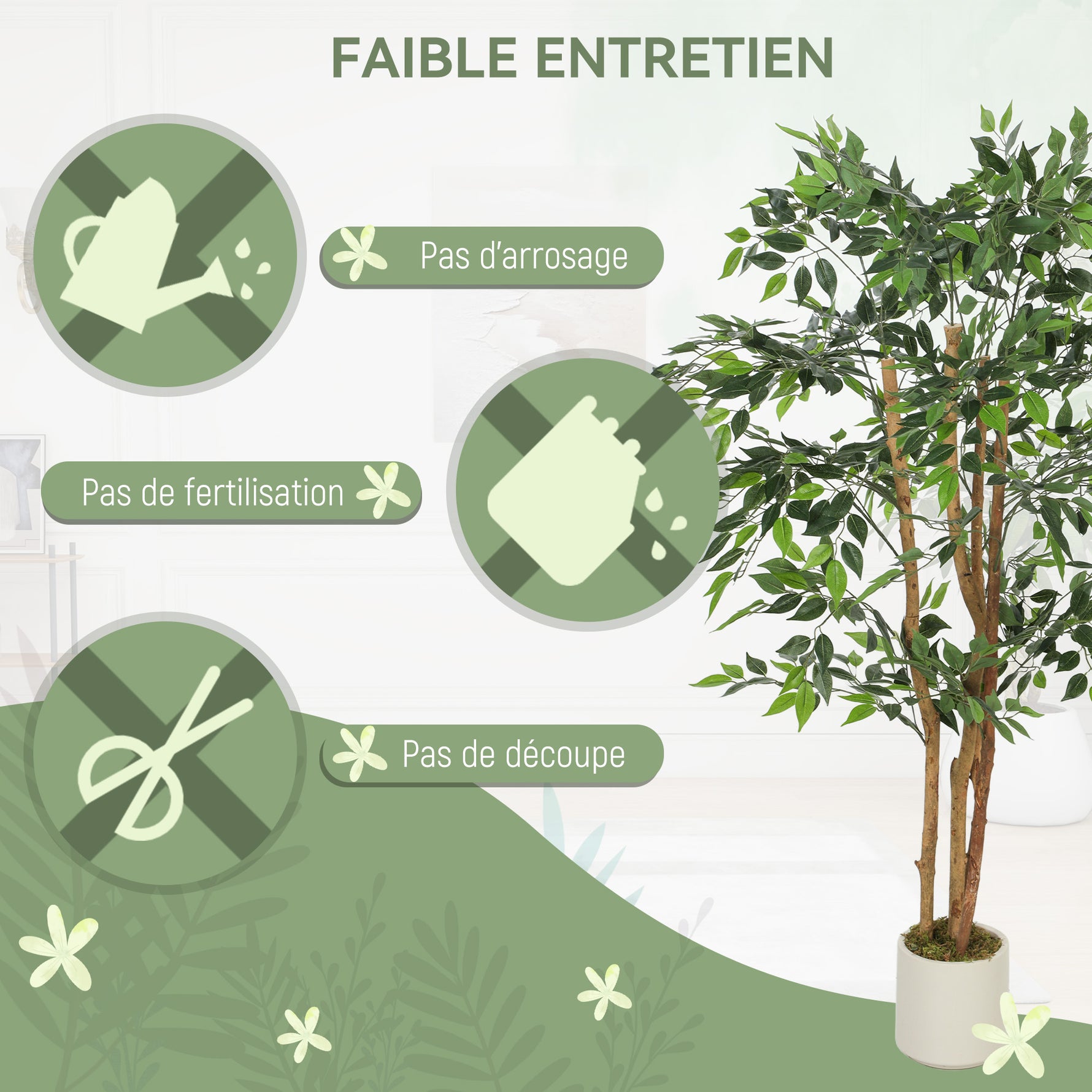 Plante artificielle intérieure 150 cm banian arbre artificiel, pot en plastique et tronc en bois massif, vert