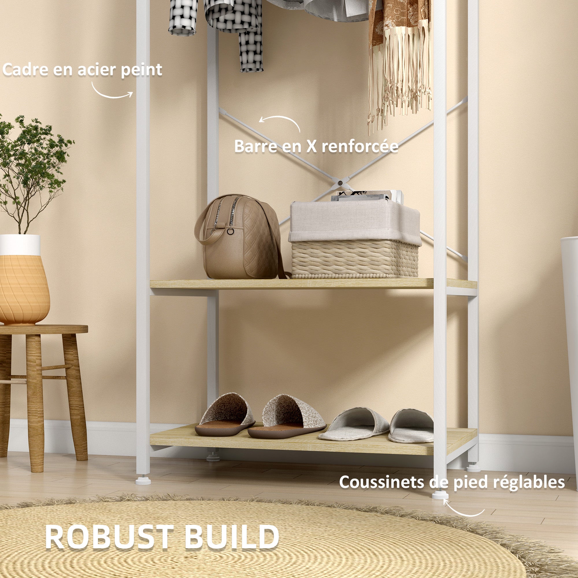 Perchero con barra y 2 estantes para zapatos, 60 L × 40 An × 167,5 Al cm, aspecto de madera clara y metal blanco