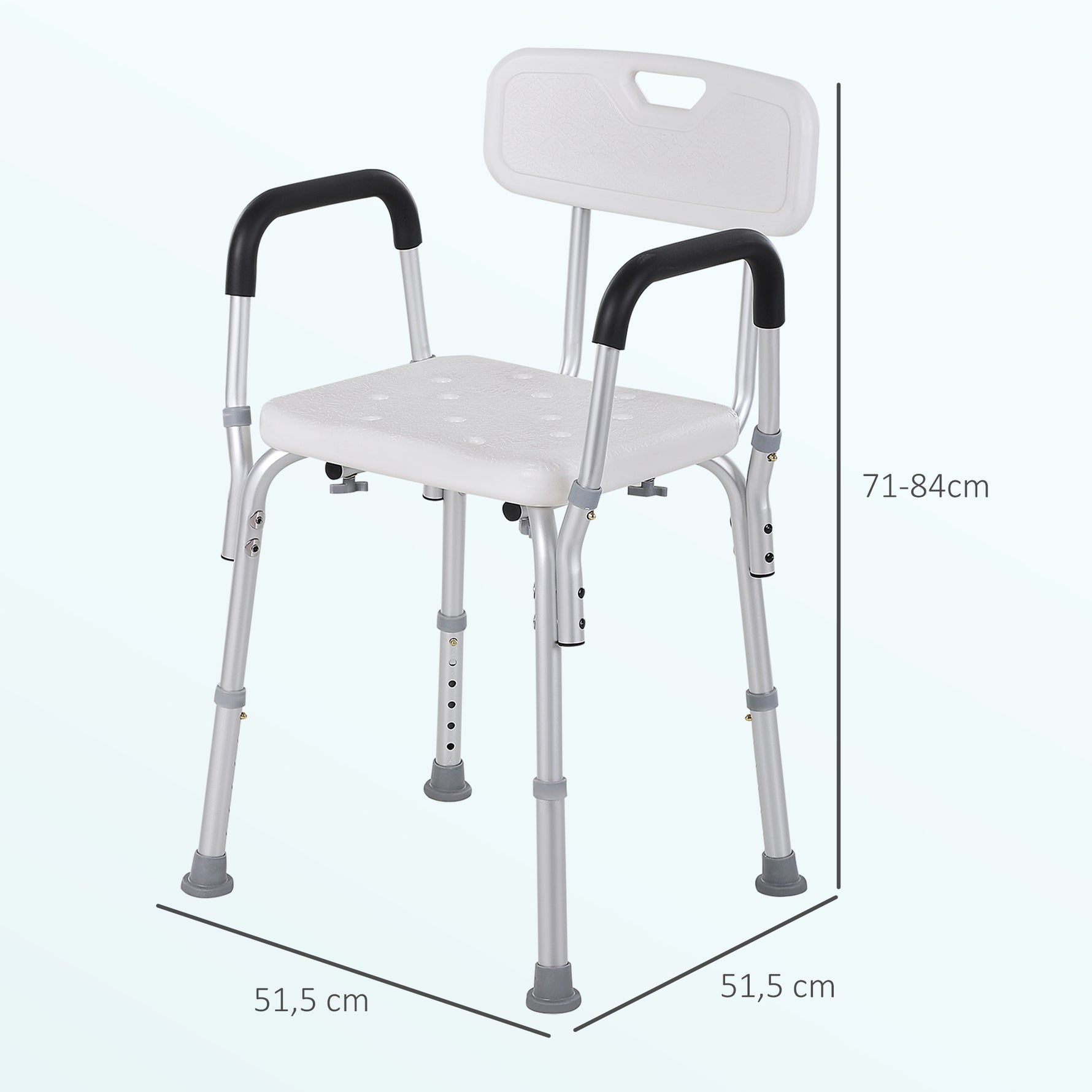Chaise de Douche siège de Douche Ergonomique Hauteur réglable Pieds antidérapants Dossier accoudoirs Amovibles Charge Max. 136 Kg alu HDPE Blanc