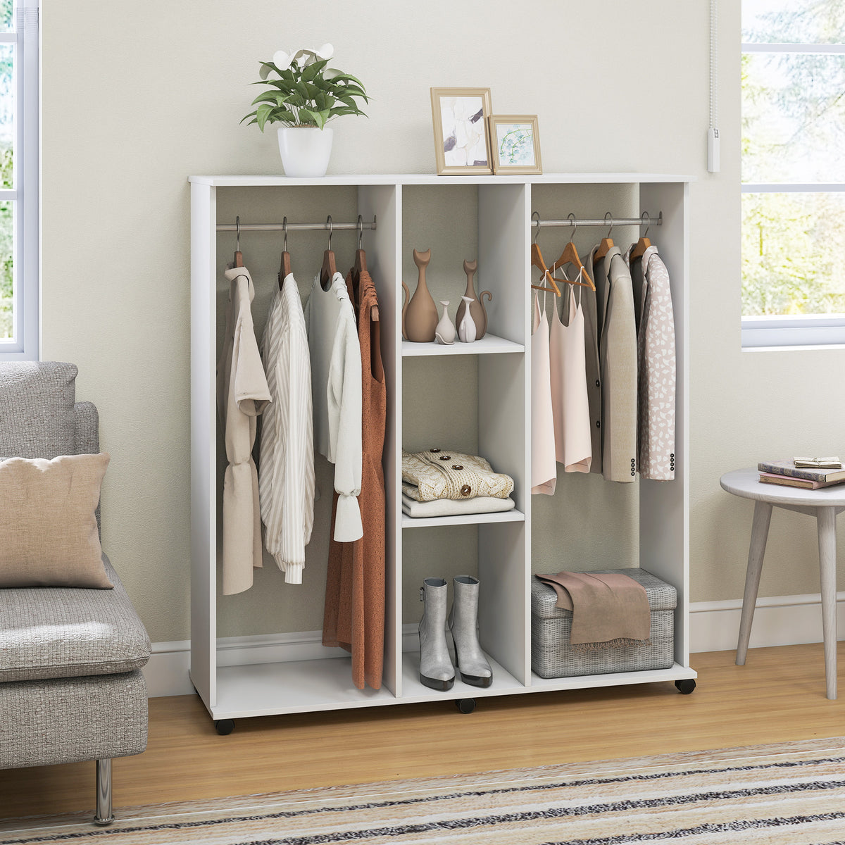 Armoire penderie meuble de rangement mobile 6 roulettes 120 x 40 x 128 cm en bois blanc