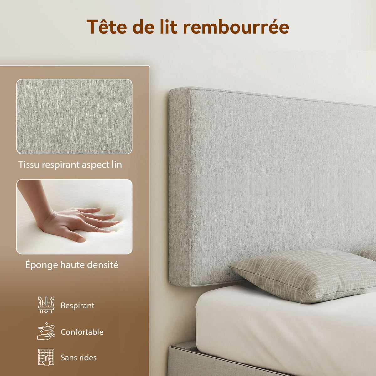 Tête de lit murale en lin, 140 x 60 cm, tête de lit suspendue rembourrée pour chambre à coucher, crème