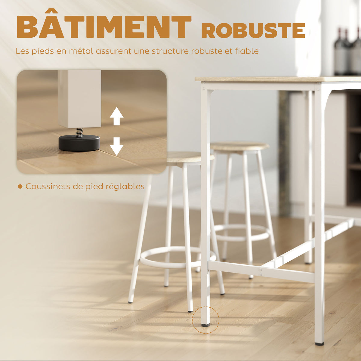 Set van bartafel en 4 krukken met voetensteun in moderne stijl, metalen frame met natuurlijk houteffect