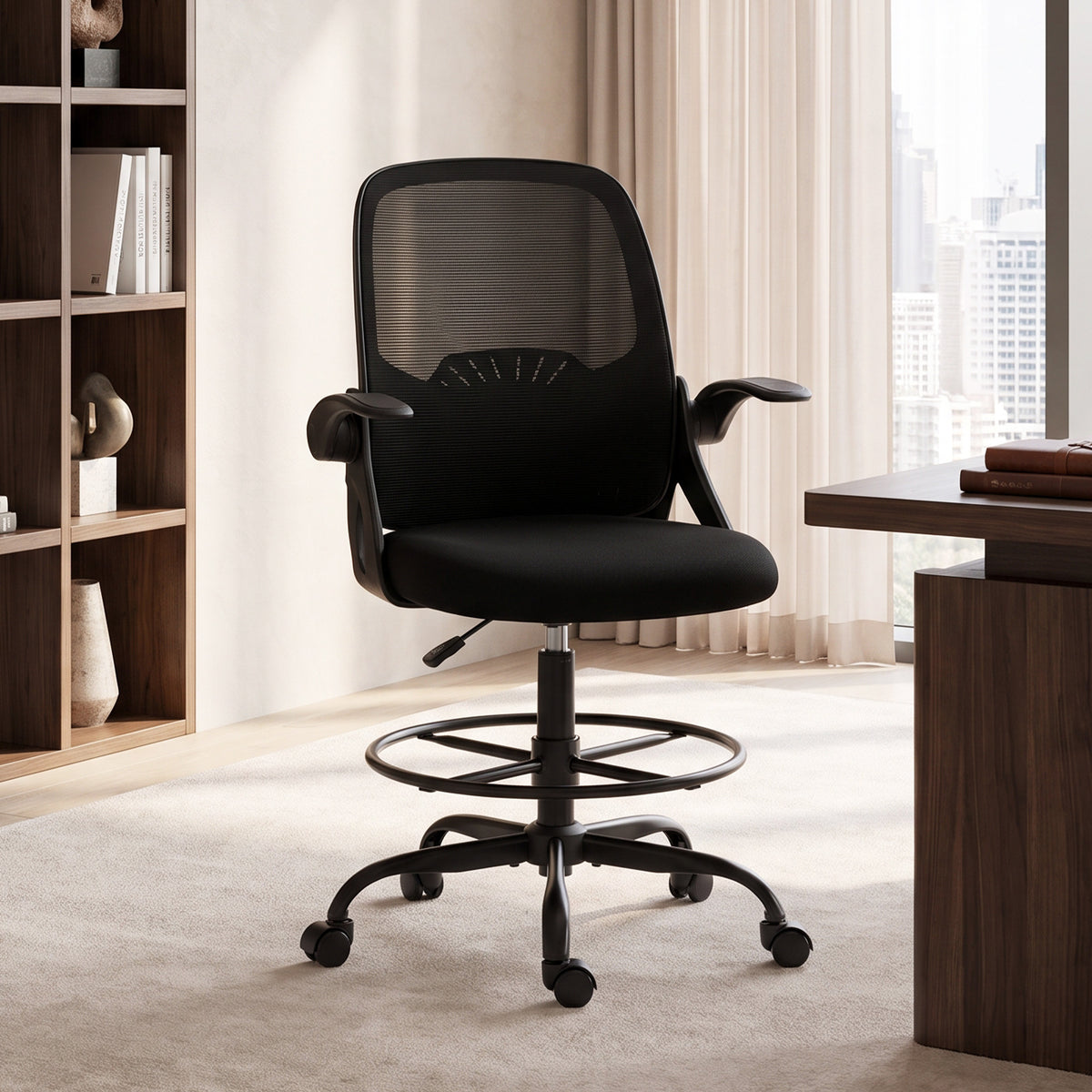 Chaise Bureau Ergonomique avec Soutien Lombaire Réglable, Chaise de Dessin en Maille, Accoudoirs Relevables, Noir