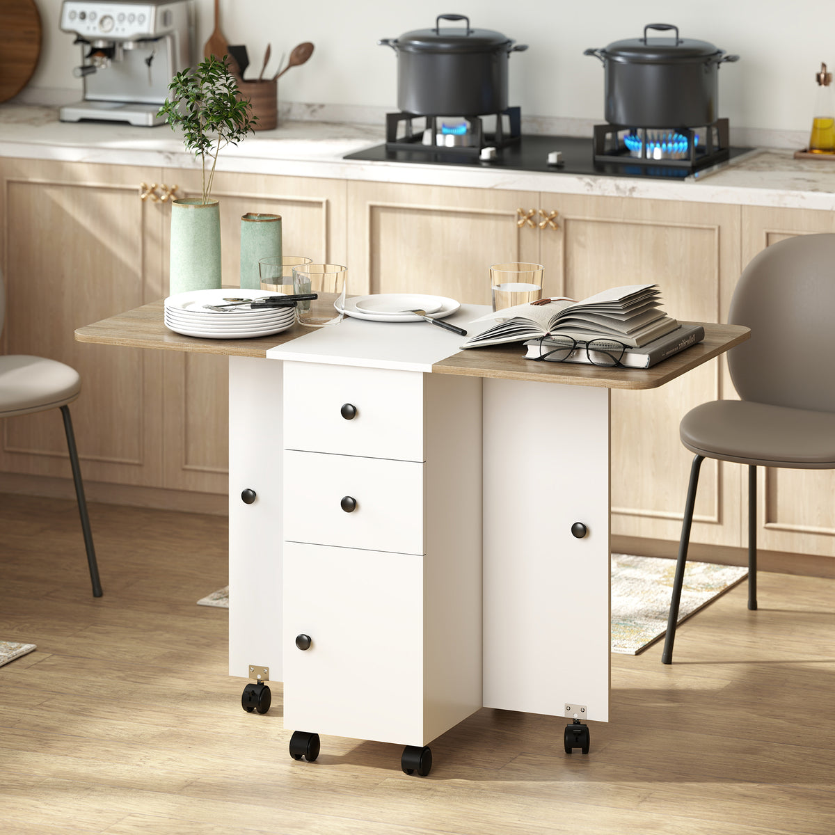 Table de cuisine pliable table à manger pliante 2 plateaux rabattables avec 2 tiroirs 1 placard blanc et chêne