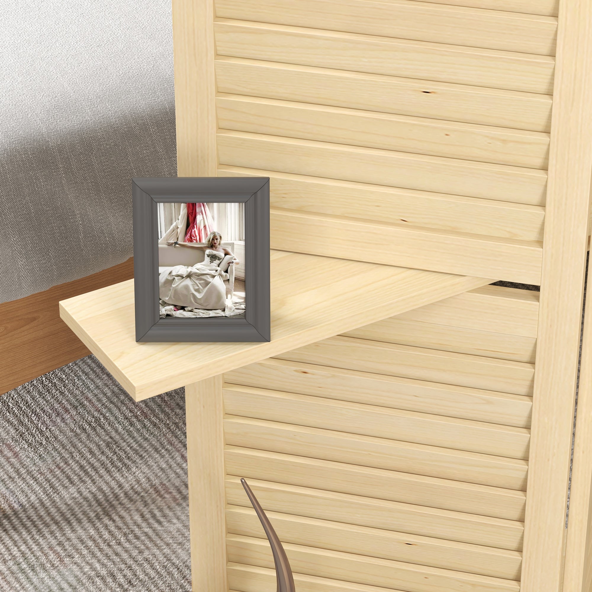 Paravent intérieur 4 panneaux 160L x 170H cm 3 étagères pliables séparateur de pièce portes persiennes naturel