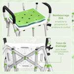 Tabouret de douche chaise de douche ergonomique hauteur réglable pieds antidérapants 56,5 x 53,5 x 87 cm blanc et vert