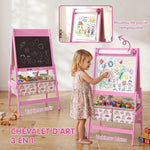 3-in-1 Dubbelzijdige Kinderezel, Lessenaar en Witbord, Papierrol, Manden, Plank, 3-8 Jaar, Roze