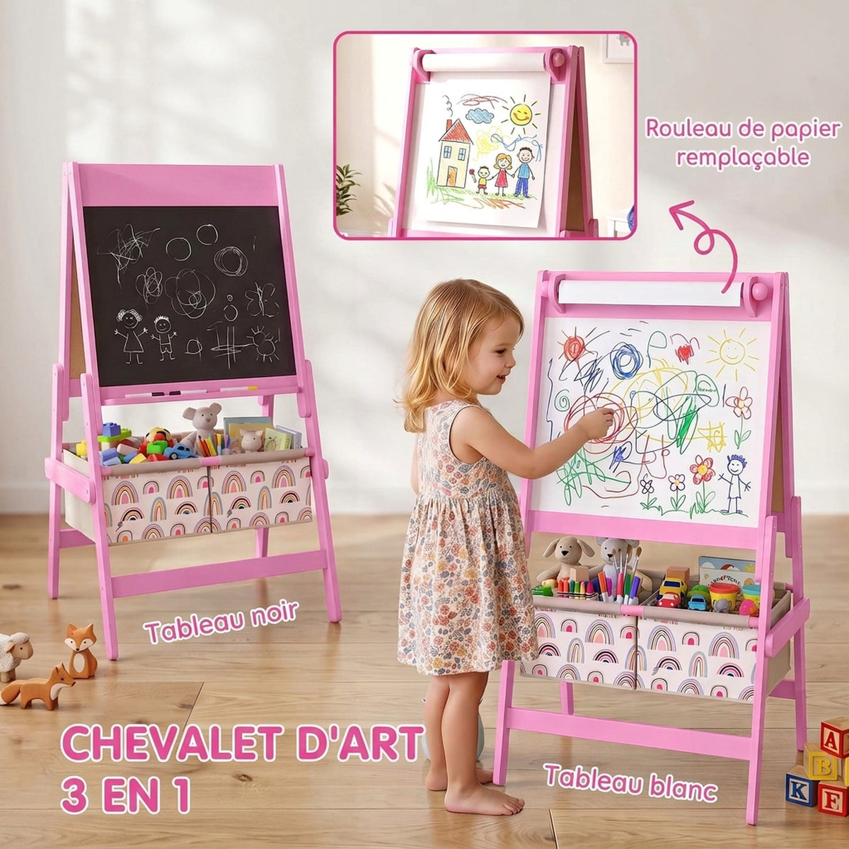 3-in-1 Dubbelzijdige Kinderezel, Lessenaar en Witbord, Papierrol, Manden, Plank, 3-8 Jaar, Roze