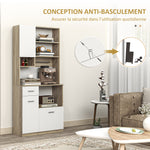Armoire de cuisine haute, meuble de rangement moderne avec étagères réglables, tiroir, blanc et aspect bois