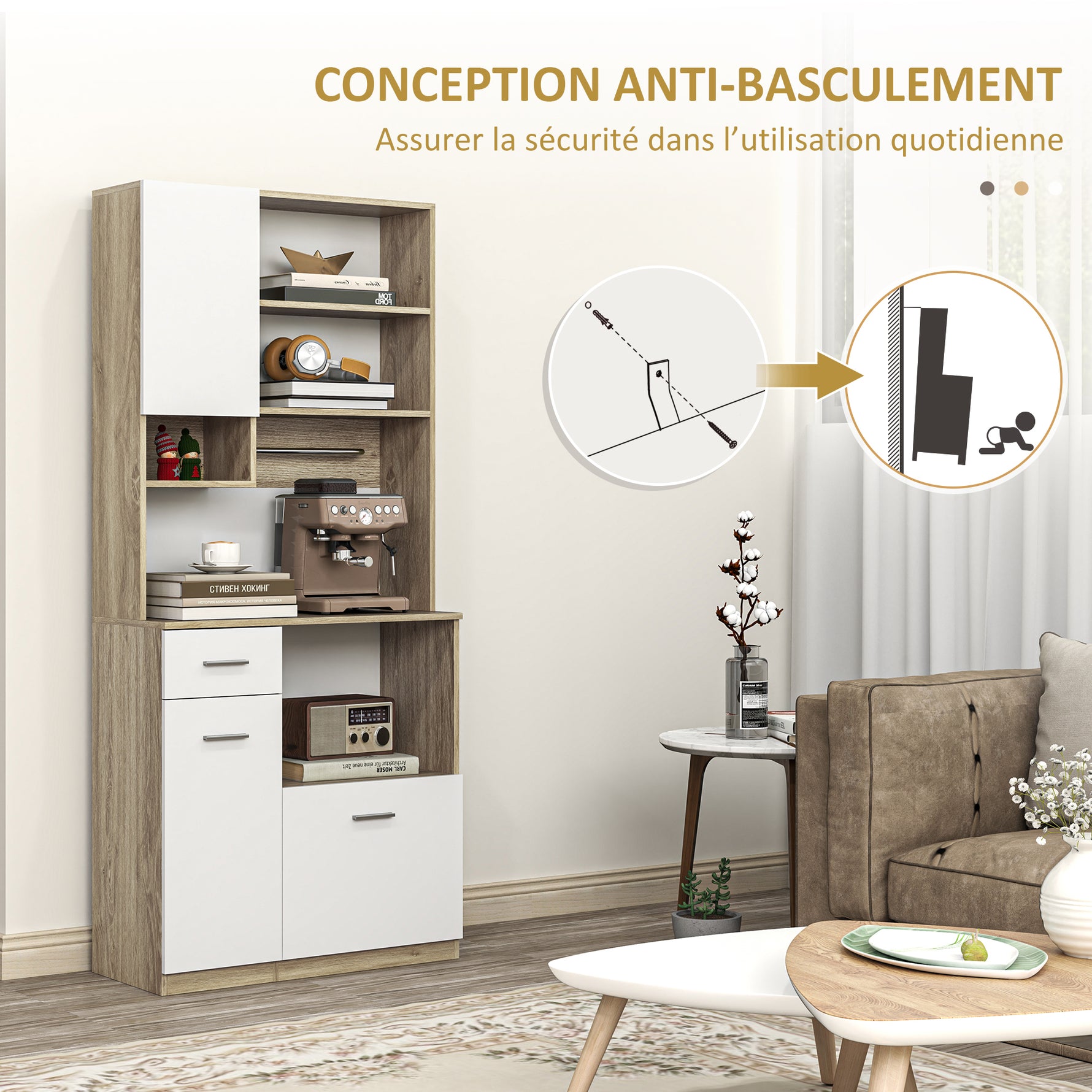 Armoire de cuisine haute, meuble de rangement moderne avec étagères réglables, tiroir, blanc et aspect bois