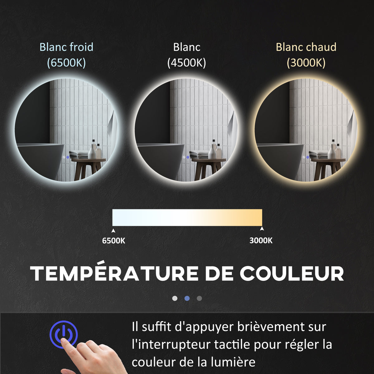 Miroir rond lumineux LED de salle de bain Ø 60 cm mural avec éclairage interrupteur tactile système antibuée  29 W gris